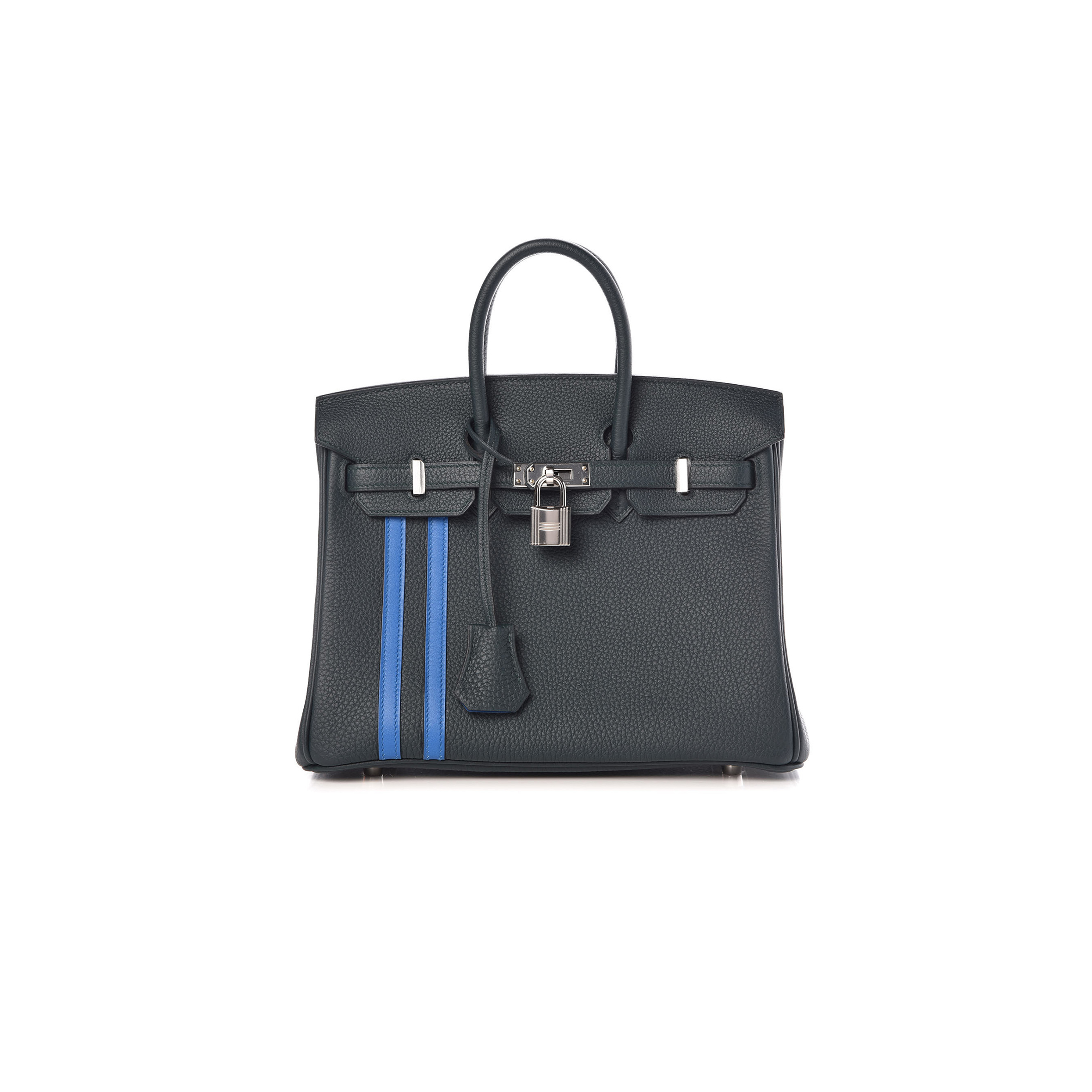 HERMES BIRKIN 25 TOGO LEATHER GRAPHITE GREY TANZANIAN BLUE SILVER BUCKLE BAG 971796 (25*20*13cm)